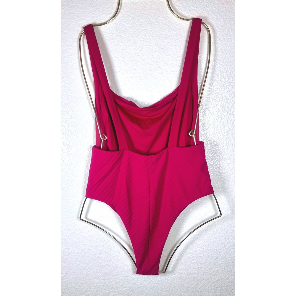 BOND-EYE Australia One Piece Swimsuit L Square Neckline Raspberry Ribbed NWT - Picture 2 of 6